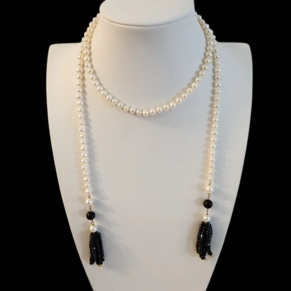 Lariat pearl necklace petite pearls high luster 18k GP hand knottedA0123 -1Q
